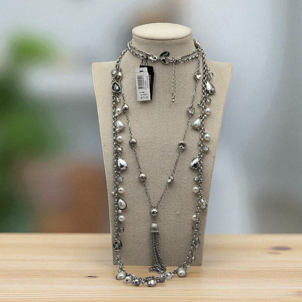 White House Black Market Silver Layered Necklace Faux Pearl Crystal Tassel NWT